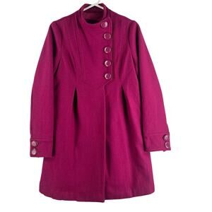LUX. Anthropologie Womens Wool Blend Coat Small Magenta Mandarin Collar Pleated